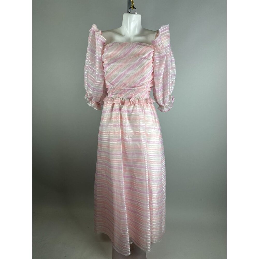 Vtg 80s Cotton Candy Pink Striped Puff Shoulder Party Dress Fairy kawaii 12 - Picture 6 of 7